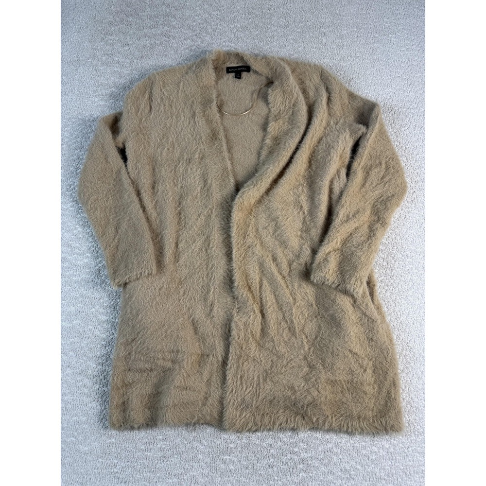 Banana Republic Cardigan Womens Small Tan Cotton Blend Open Front Longline Fuzzy